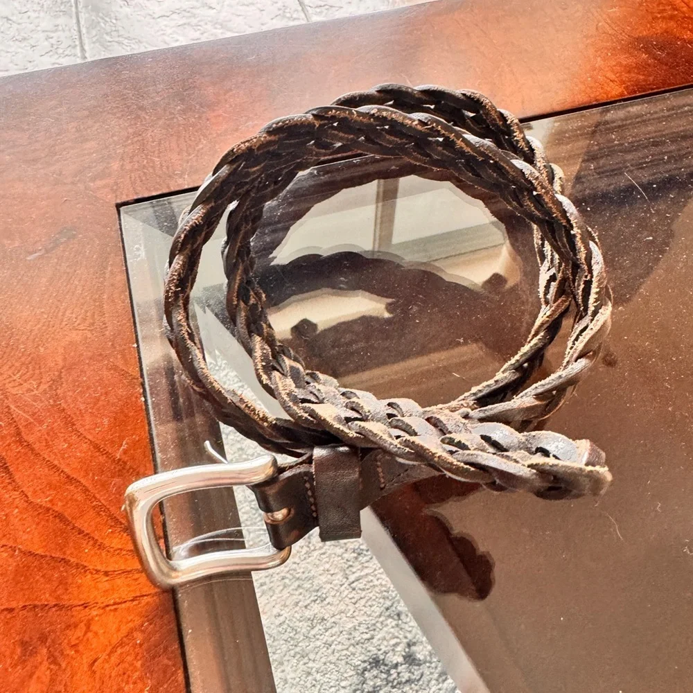 Brown Braided Leather Belt with Silver Buckle 34” including buckle